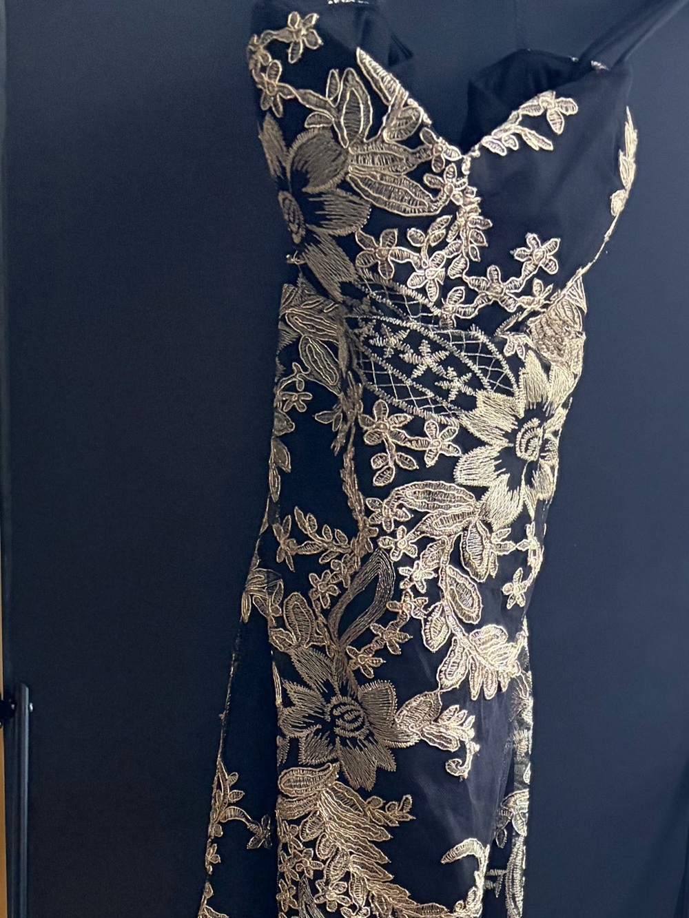 MARINA Black Gown with Gold Floral Lace Appliqué